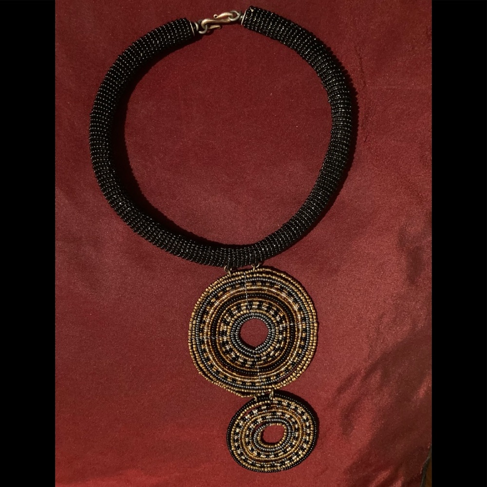Hand-Beaded Black Choker W/ 2 Beaded Gold/Blue/Yellow  & Brown Circular Dangles